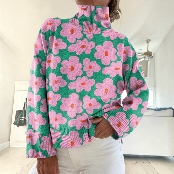 Linda | Maglione a collo alto rosa con motivo floreale