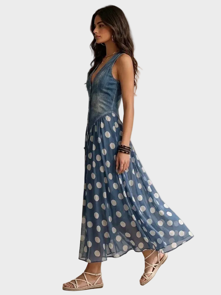 Ippolita - Abito in denim con gonna in chiffon a pois