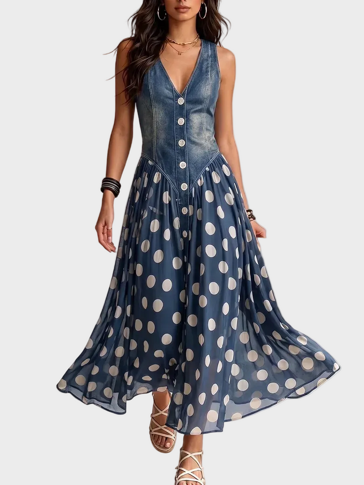 Ippolita - Abito in denim con gonna in chiffon a pois