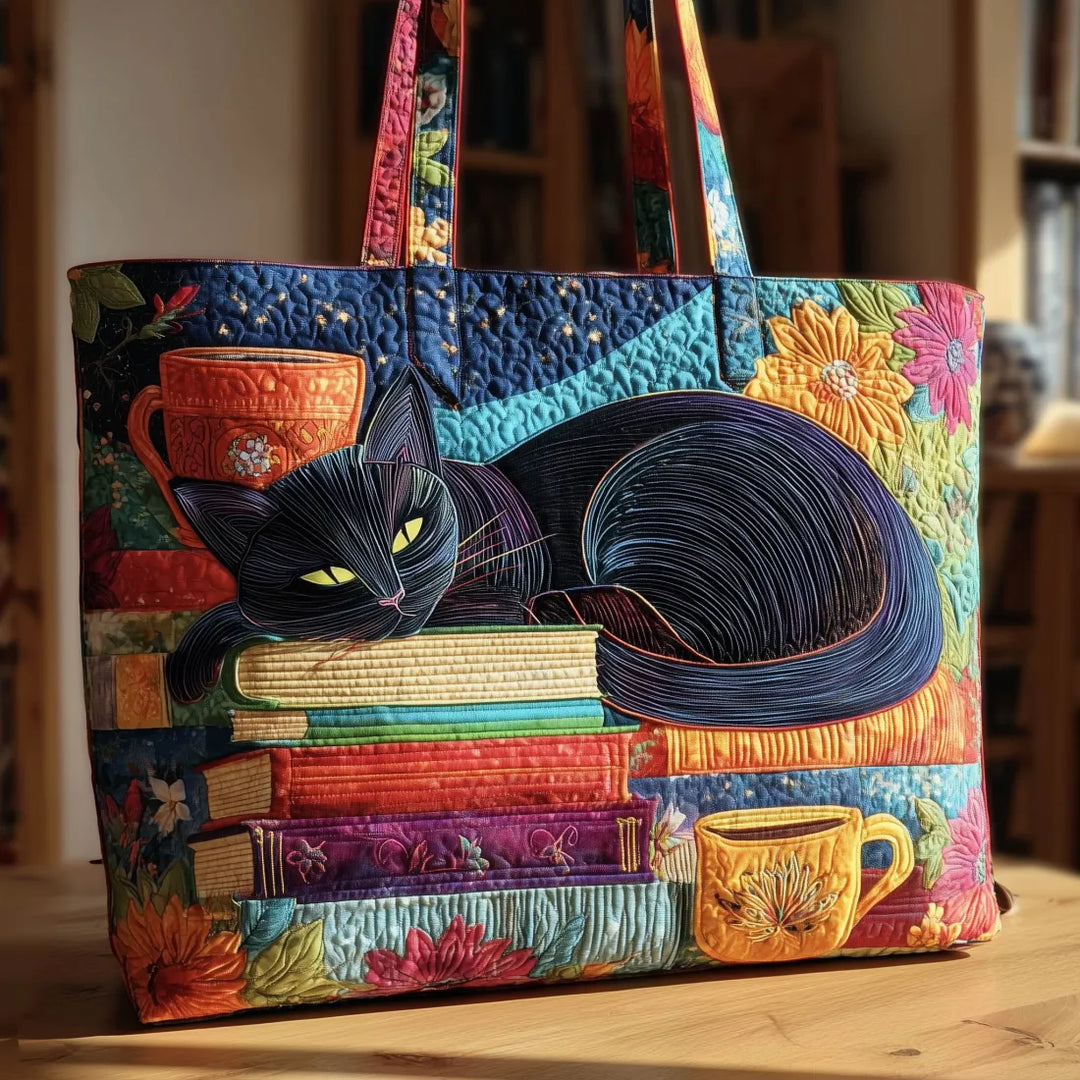 Borsa Artigianale - Gatto Nero con Libri e Tazza