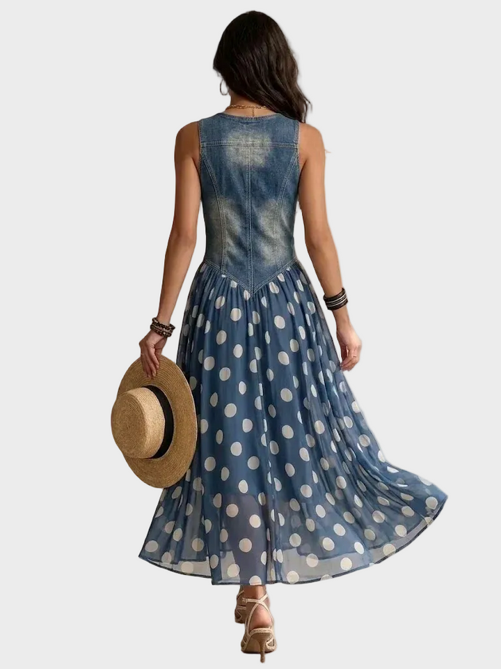 Ippolita - Abito in denim con gonna in chiffon a pois