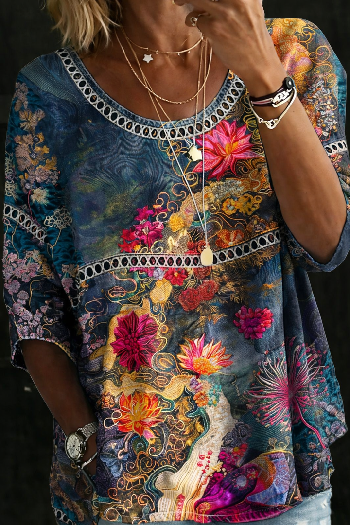Martina - Blusa in Denim a Fiori Vintage