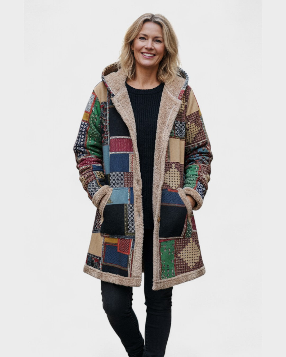 Clara – Comoda felpa con cappuccio patchwork nei toni della terra