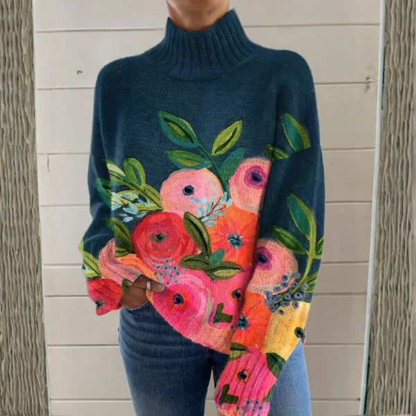 Rose | Maglione a collo alto blu scuro con motivo floreale