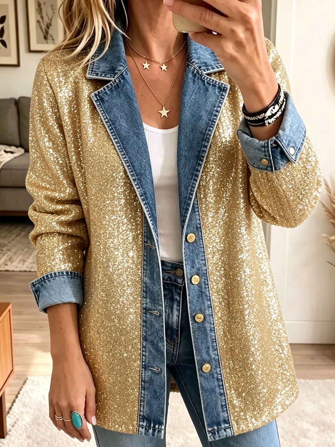 Greta | Giacca di jeans patchwork con glitter dorato