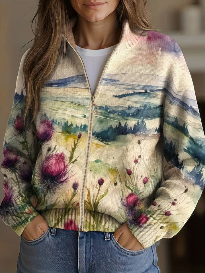 Ilaria | Cardigan con motivo di cardo e paesaggio
