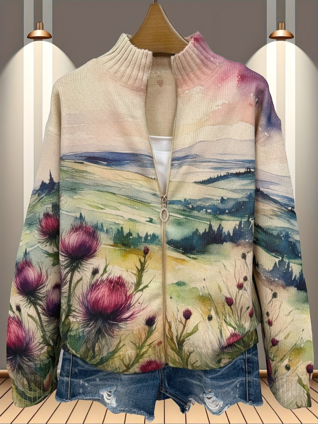 Ilaria | Cardigan con motivo di cardo e paesaggio
