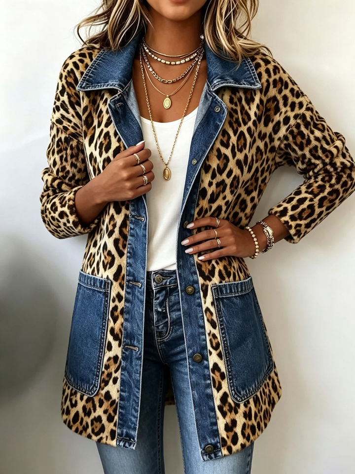 Marianna | Giacca a contrasto lunga con stampa leopardata e dettagli in denim