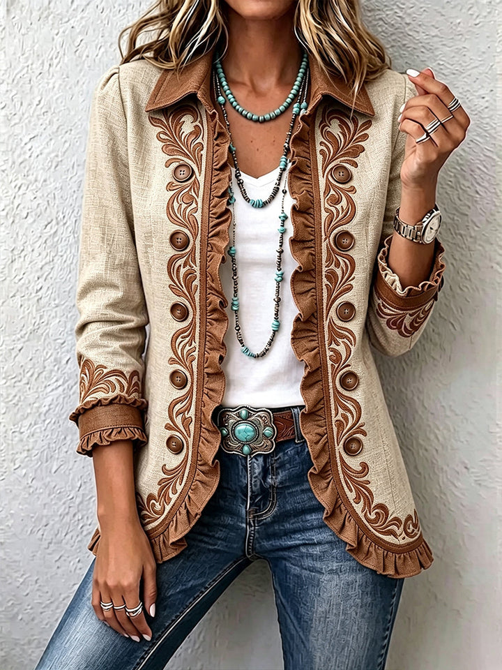 Melania | Giacca boho vintage con stampa floreale e ruches