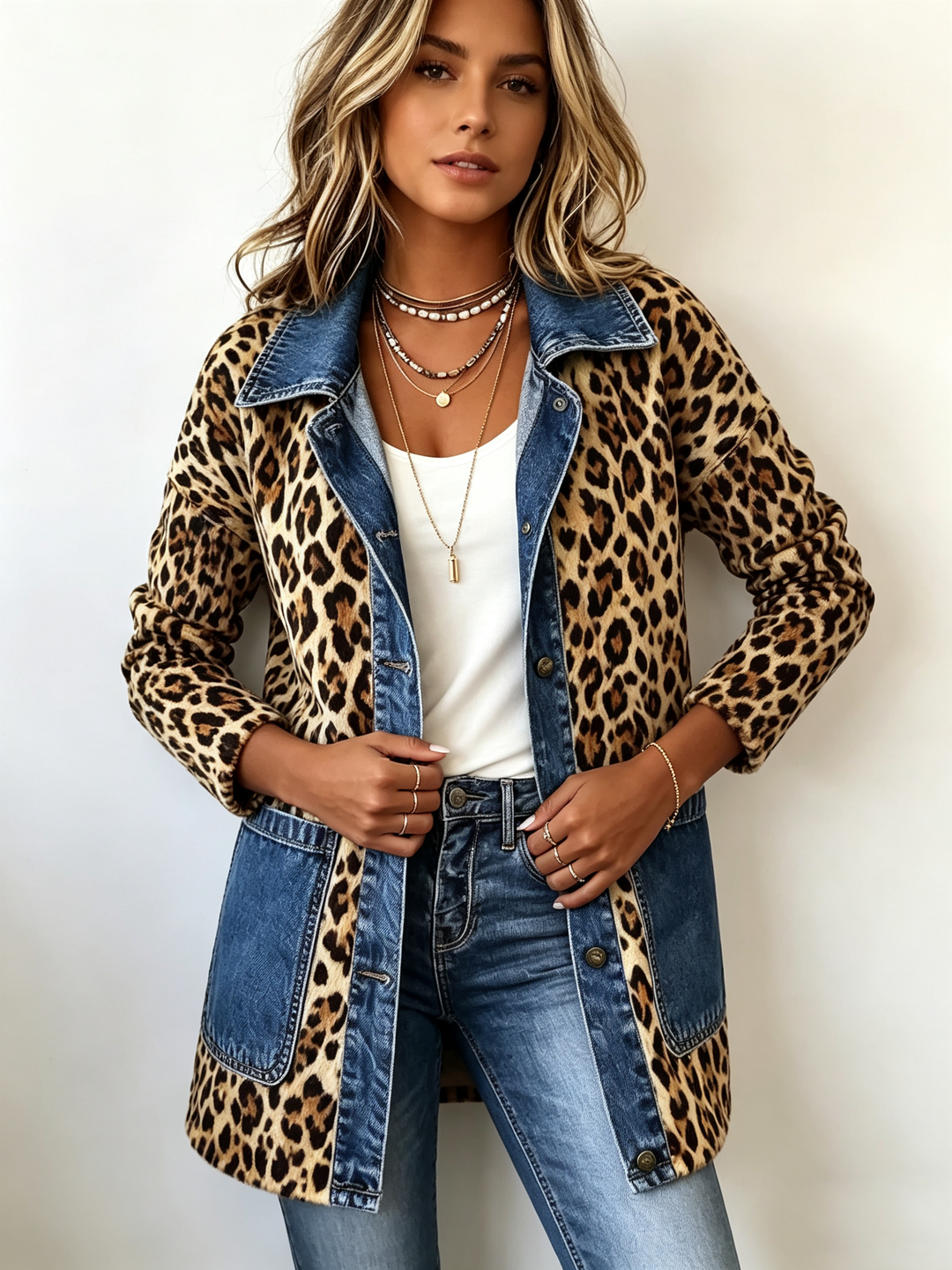 Marianna | Giacca a contrasto lunga con stampa leopardata e dettagli in denim